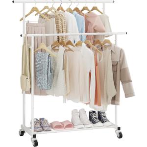 Calmootey Double Rod Clothing Garment Rack, Rolling Hanging Clothes Rack, Portable Clothes Organizer for Bedroom, Living Room, Clothing Store, White