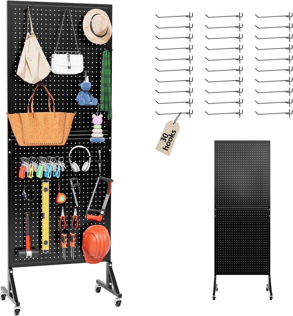 Metal Pegboard Display Stand 66" x 24, Pegboard Shelf with 30 Hooks, 4 Wheels and 4 Leveling Feet, Peg Board Panels Display Rack for Retail Store, Craft Show, Garage, Jewelry Organizer, Black