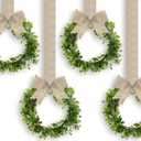WILLBOND 4 Pcs Christmas Kitchen Cabinet Wreath Boxwood Garland with Ribbon Greenery Garland Hanging Wreaths for Cabinet Wall Window Door Fireplace Party Farmhouse Decor(Burlap,Linen)