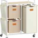 VASAGLE Laundry Hamper with 3 Compartments, 26.4 Gal. (100 L) Laundry Sorter, Rolling Laundry Cart with Shelves, Small Side Pockets, 6 Labels, Natural Beige, Camel Brown and Cream White UBLH202N01
