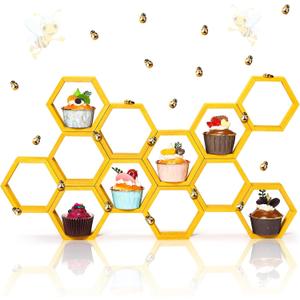 12 Pcs Mini Honeycomb Cupcake Stand Cake Farmhouse Hexagon Display Holder Hexagonal Wood Cupcake Stand Floating Table Sign with 50 Tiny Wooden Bee for Baby Shower (Gold)