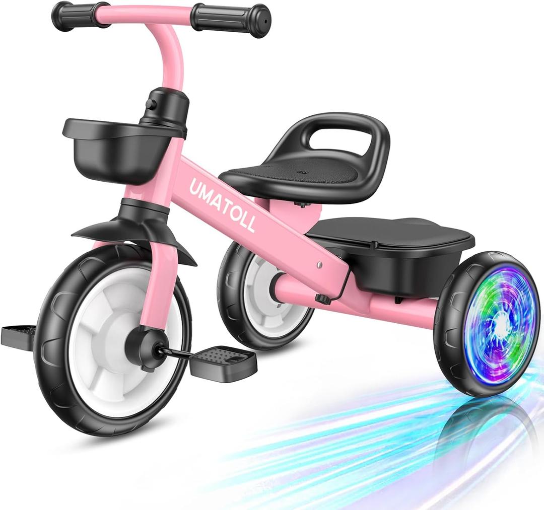 Umatoll Tricycle for Toddlers 2-5 Year Old, Ajustable Toddler Bike Outdoor Toys, Birthday Gift for Girl Age 2-4, Trike with Light up Wheels (Pink)