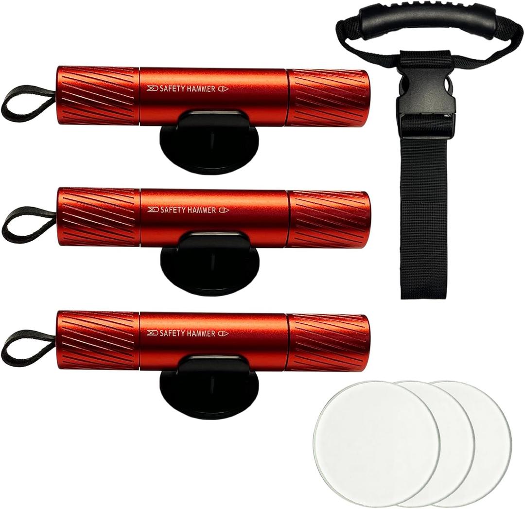 3Pcs Car Window Breaker & 1PCS Hand Grab Strap, Seat Belt Cutter Glass Breaker Tool One-Button Operation 2 -in-1 Emergency Automotive Safety Hammer Escape Tool for Vehicle & Family Safety Red