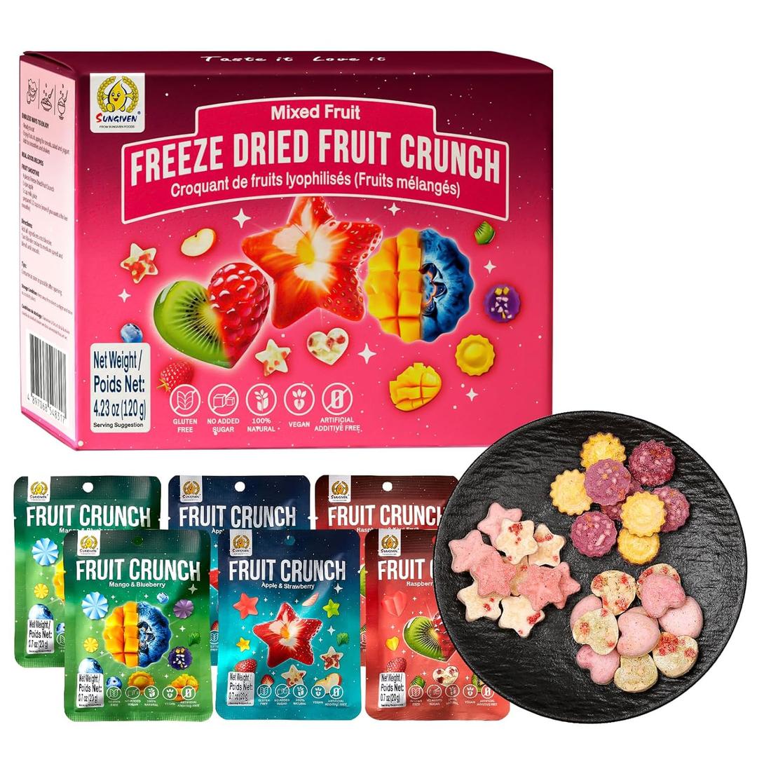 SUNGIVEN Freeze Dried Fruit Crisps Crunch Mixed Fruit 6 Packs Gluten Free Made with Fruit Vegan Healthy Snacks Ready to Eat for Yogurt Dessert (EXP 12/05/26)