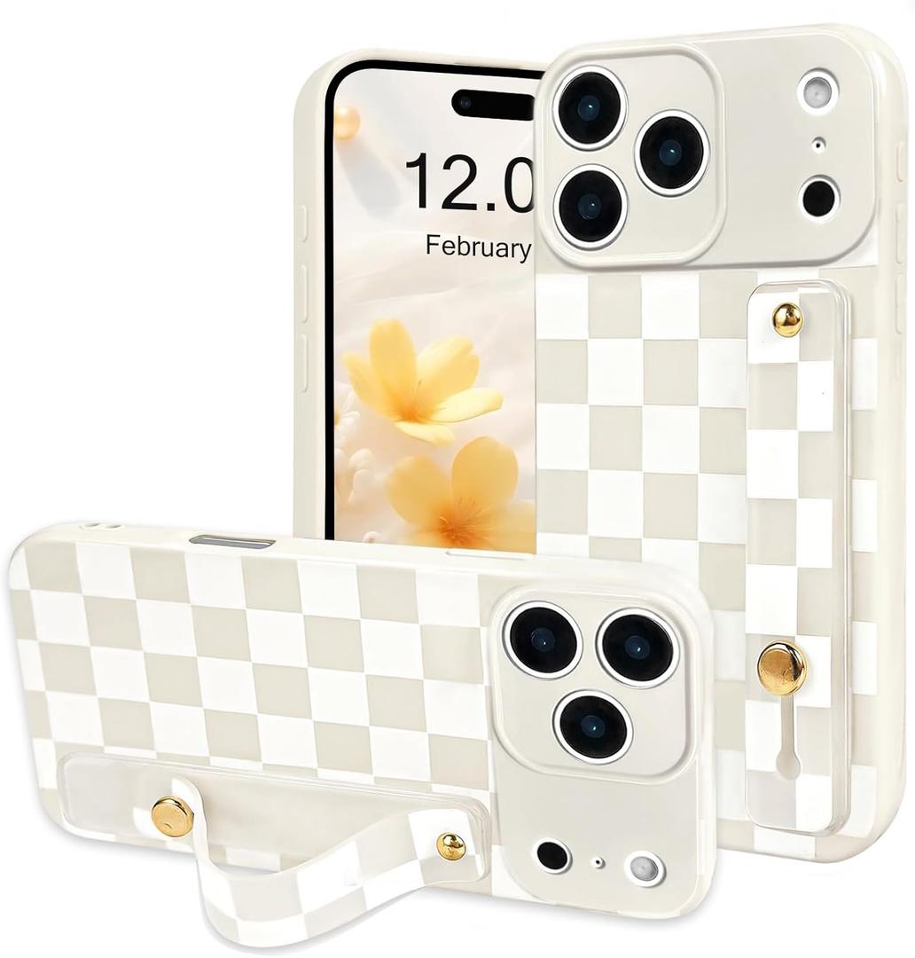 NITITOP Compatible for iPhone 17 Pro Case with Wrist Strap Kickstand Cute Trendy Checkerboard Plaid for Women Girls Slim Fit TPU Shockproof Full Camera Protective Cover - White