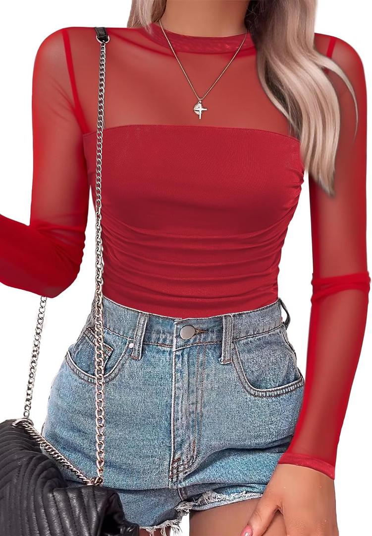 SAUNGKUAI Women's Mesh Long Sleeve Bodysuit Mock Neck Ruched Sheer Thong Body Suits Fall Outfits (Red, L)