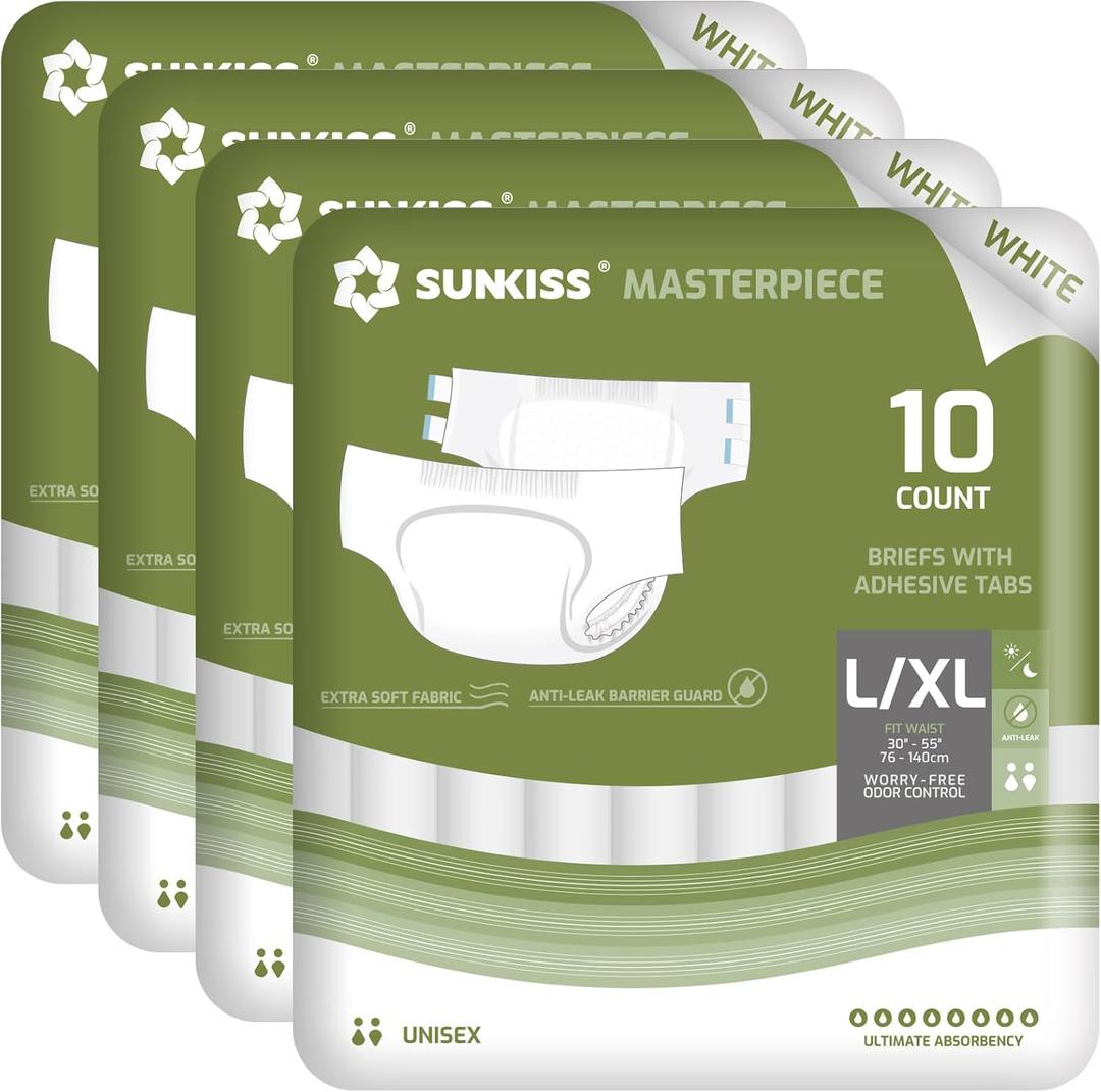 SUNKISS Masterpiece Adult Diapers with Tabs, Unisex Disposable Incontinence Briefs for Women and Men, Odor Control, White, Large, 40 Count (4 Packs of 10)