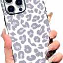Cute Leopard Case for iPhone 16 Pro Max, Aesthetic Leopard Cheetah Pattern Design for Women Girls, Hybrid 2 Layer Hard Shell and Soft Silicone Protective Shockproof Frosted Phone Case, Gray