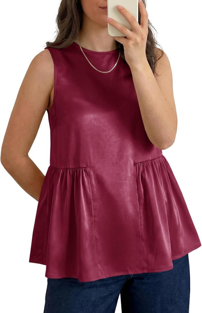 Tankaneo Womens Silk Satin Tank Tops Summer Dressy Casual Babydoll Sleeveless Shirts Peplum Pleated Loose Fit Blouses (Red)