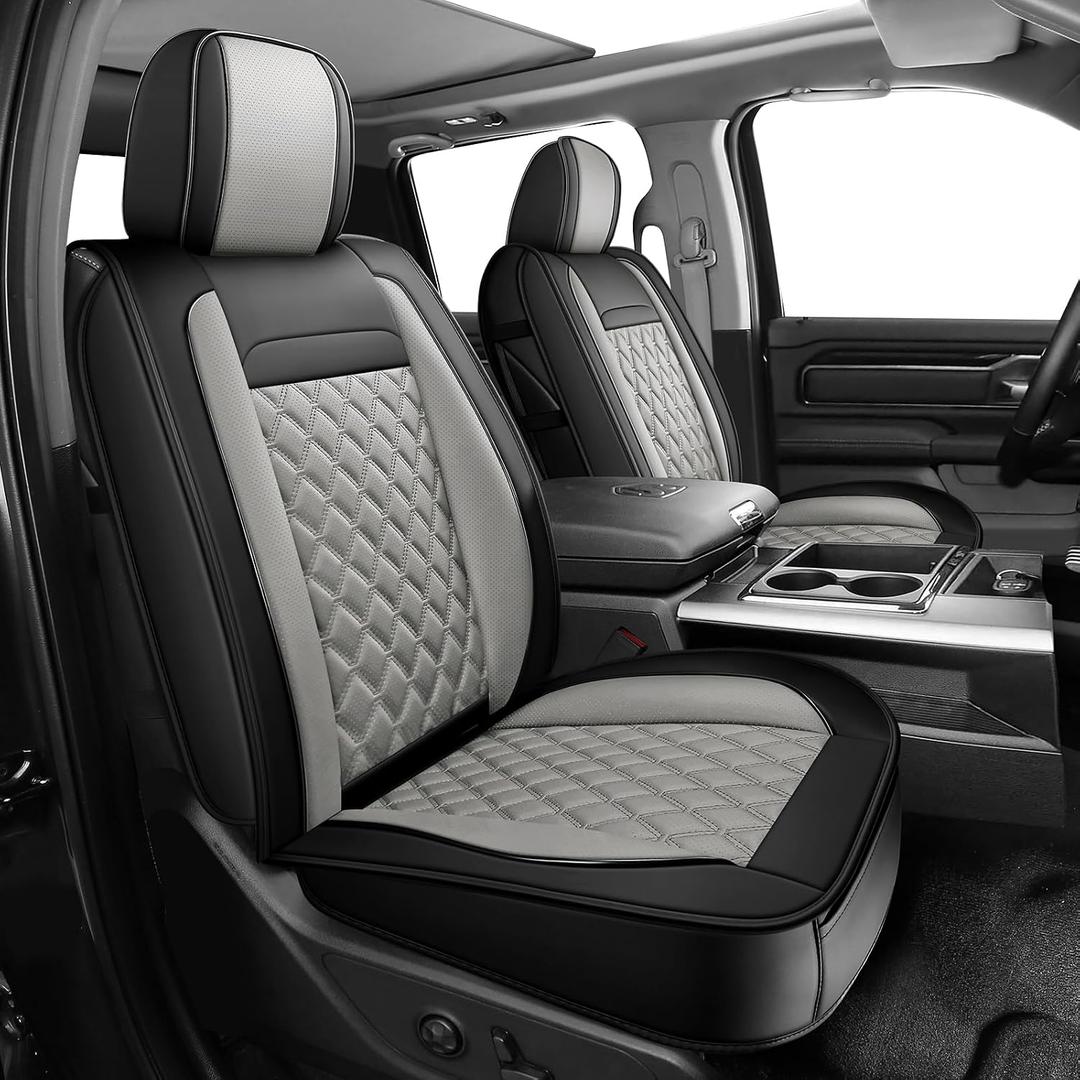 Dodge Ram Seat Covers, Waterproof Leather Ram Seat Cover Compatible with 2009-2026 RAM 1500 2500 3500 Classic Bighorn Longhorn Laramie Tradesman Limited Truck Black Gray, 2PCS