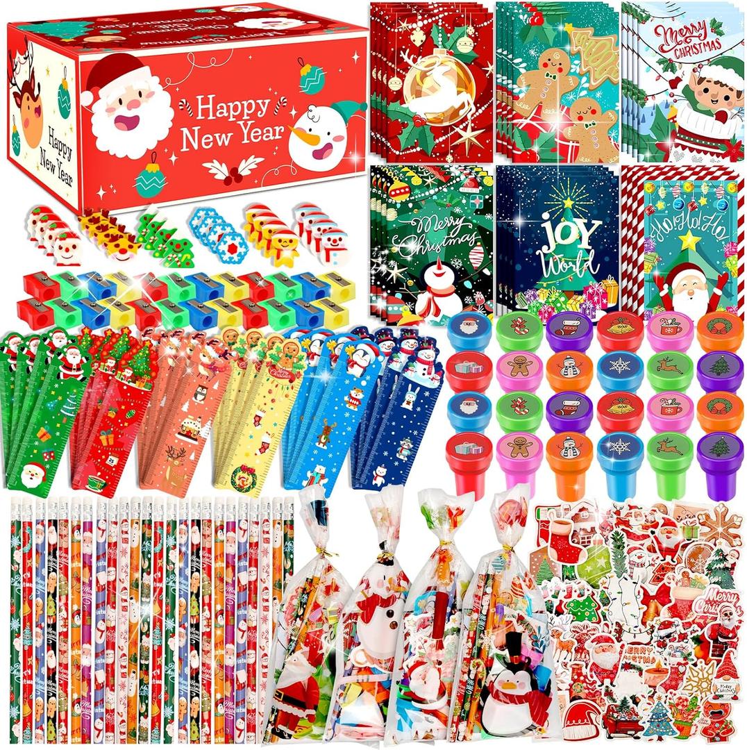 218 Pcs Christmas Stationery Set for Kids Includes Pencil sharpener Eraser Ruler Stamp Mini Notebook Treat Bags Stickers, Xmas Party Themed Classroom Gift Exchange School Games Prizes Carnival Events