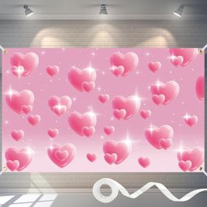 2 x 6x4FT Pink Heart Y2K Backdrop Early 2000s Party Decorations, Glitter Heart 2000s Backdrop with Ribbon & 4 Brass Grommets, Double-Stitched Pink Y2K Banner for Birthday Photoshoot