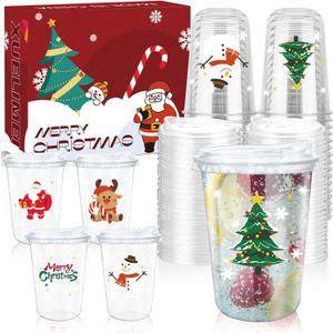 16oz Christmas Disposable Plastic Cups with Strawless Sip Lids-Xmas Tree Santa Reindeer Snow Cold Drinks, Coffee, Beer, Drinks, Ice Cream, Drinking Cups for Holiday Party Supplies. (50)