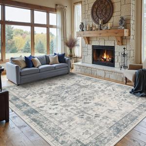 Rugxara 8x10 Ft Washable Area Rug for Living Room, Extra Large Neutral Vintage Boho Rugs for Office, Kids Room, Farmhouse, Durable Low Pile Non Slip Carpet for High Traffic Areas, Light Blue Grey