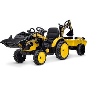 3 in 1 Remote Control Excavator, Ride On Tractor, 24V Vehicle w/Trailer, Shovel Bucket, Digger, Remote Control, EVA Tires, LED Light, Music, USB & Bluetooth, Kids Ride On Car, Yellow