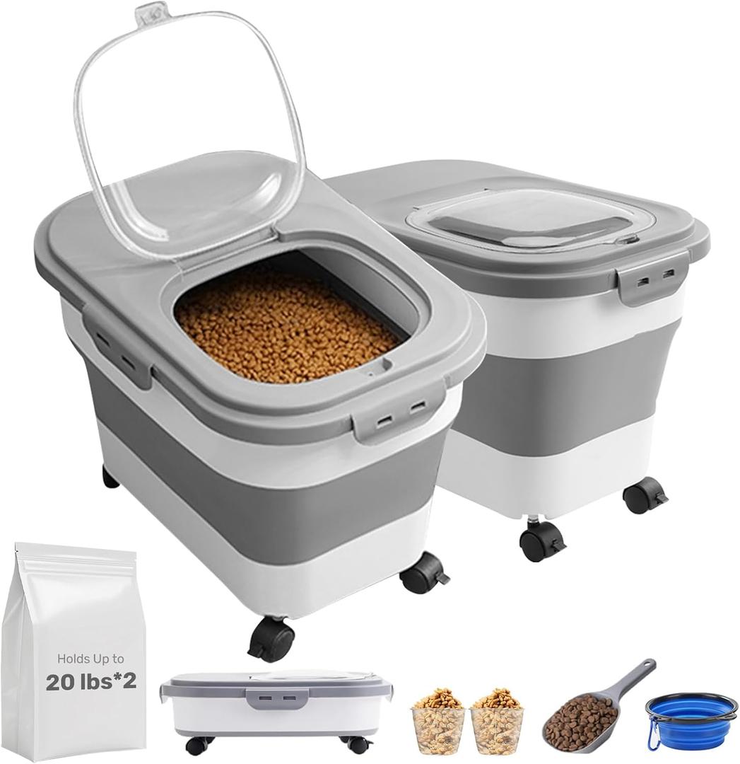 Dog Food Storage Container 2pack*20LB,Collapsible Dog Food Container with Travel Silicone Bowl and Scoop for Dog/Cat/Bird Food/Cat litter,Keep Dry Food Fresh,Easy to Move.