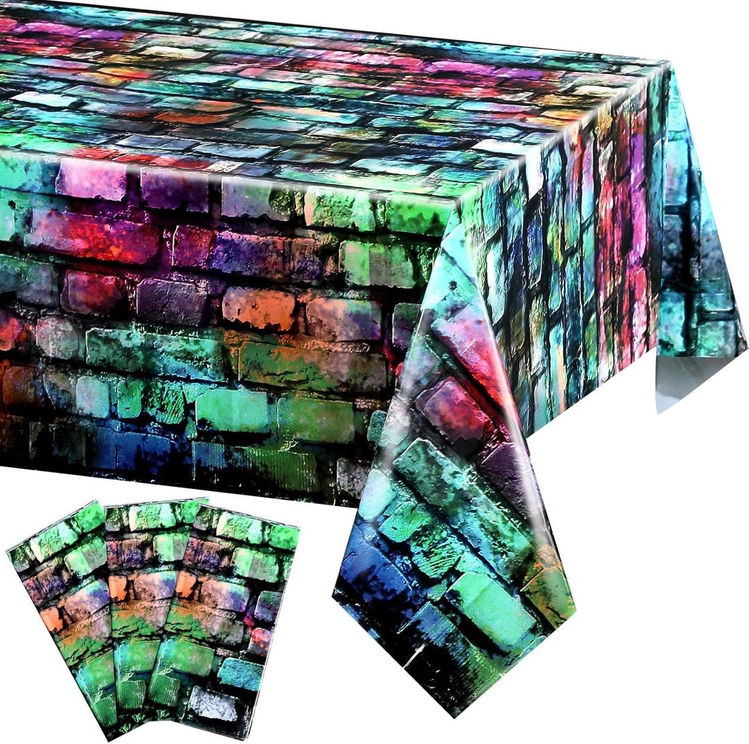 Tiamon Colorful Brick Tablecloth 54 x 108 Inches Plastic Retro Hip Hop Table Cloth 80s 90s Graffiti Brick Wall Backdrop Photo Background for Hip Hop Disco Party Decorations(3 Pcs)