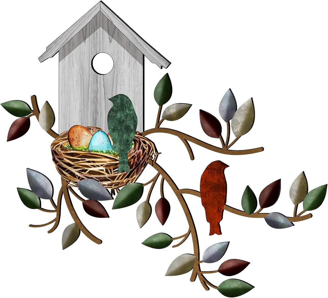 Peryiter Birds Wall Metal Decor for Outdoor Art Hanging Metal Tree with Birdhouse for Living Room Tree Leaf Wall Decor for Indoor Outdoor Garden(White)
