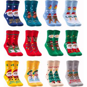 MarJunSep 12 Pairs Kids Christmas Socks Gifts Stocking Stuffers Boys Girls Toddlers Colorful Cute Cotton Holiday Socks (3-5T)