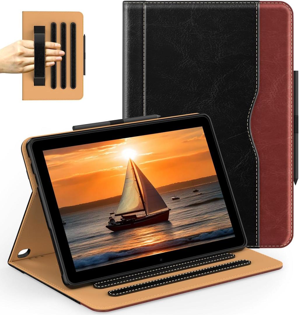 for Amazon Fire HD 10 Tablet (13th/11th Generation 2023/2021 Released), Auto Wake/Sleep PU Leather Folio Case with Pocket/Multi-Angle Stand/Pen Holder for HD 10/10 Plus, Black/Brown