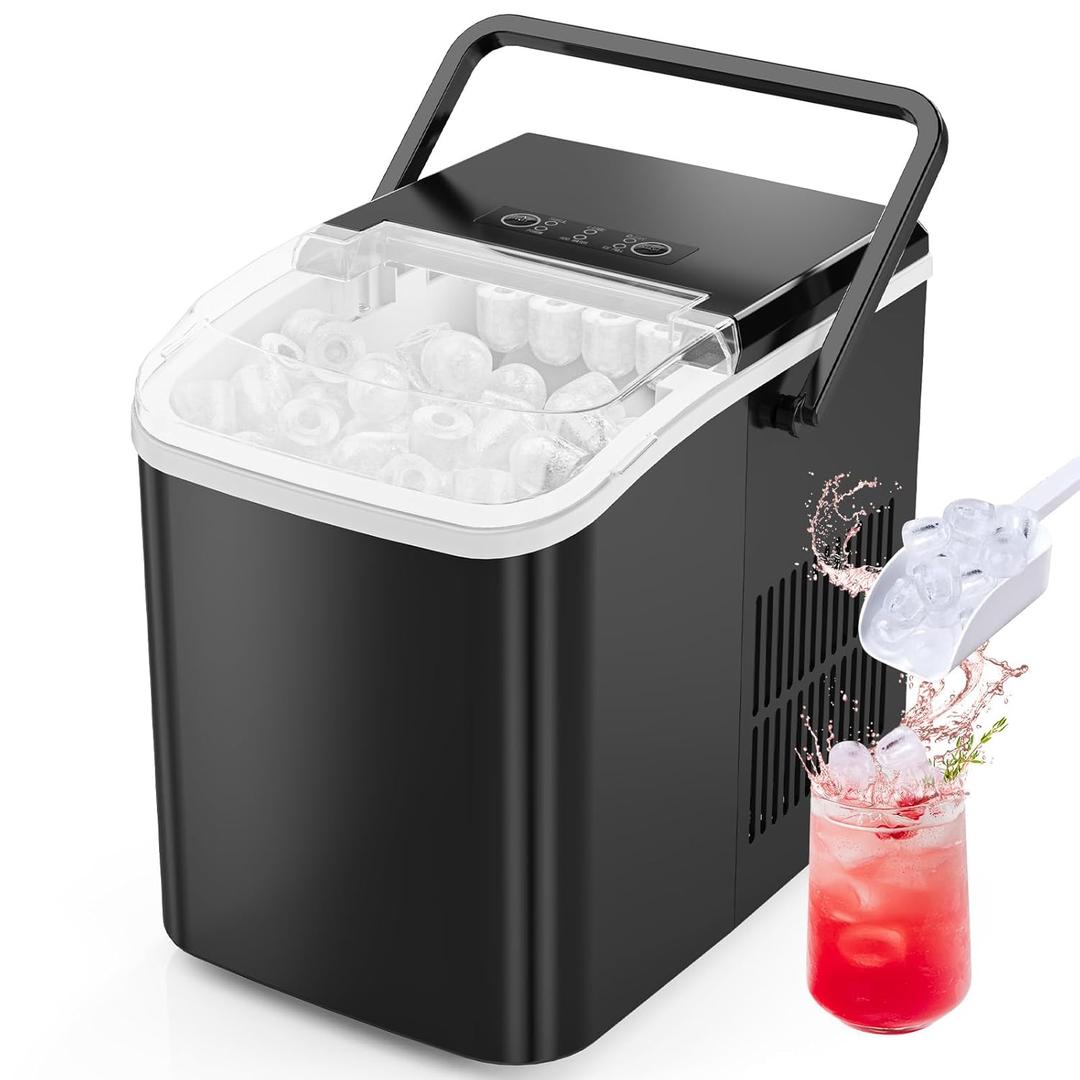 Sweetcrispy Countertop Ice Maker Machine, Portable Self-Cleaning Ice Machine with Ice Scoop, Basket and Handle, 9 Cubes in 6 Mins, 26.5lbs/24Hrs, 2 Sizes of Bullet Ice for Home Kitchen, Coal Black