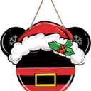Deroro Christmas Santa Sign for Front Door Decor, Xmas Holiday Wood Door Hanger for Outdoor Outside Porch, Holly Berry Wooden Wreath Indoor Wall Hanging Decoration