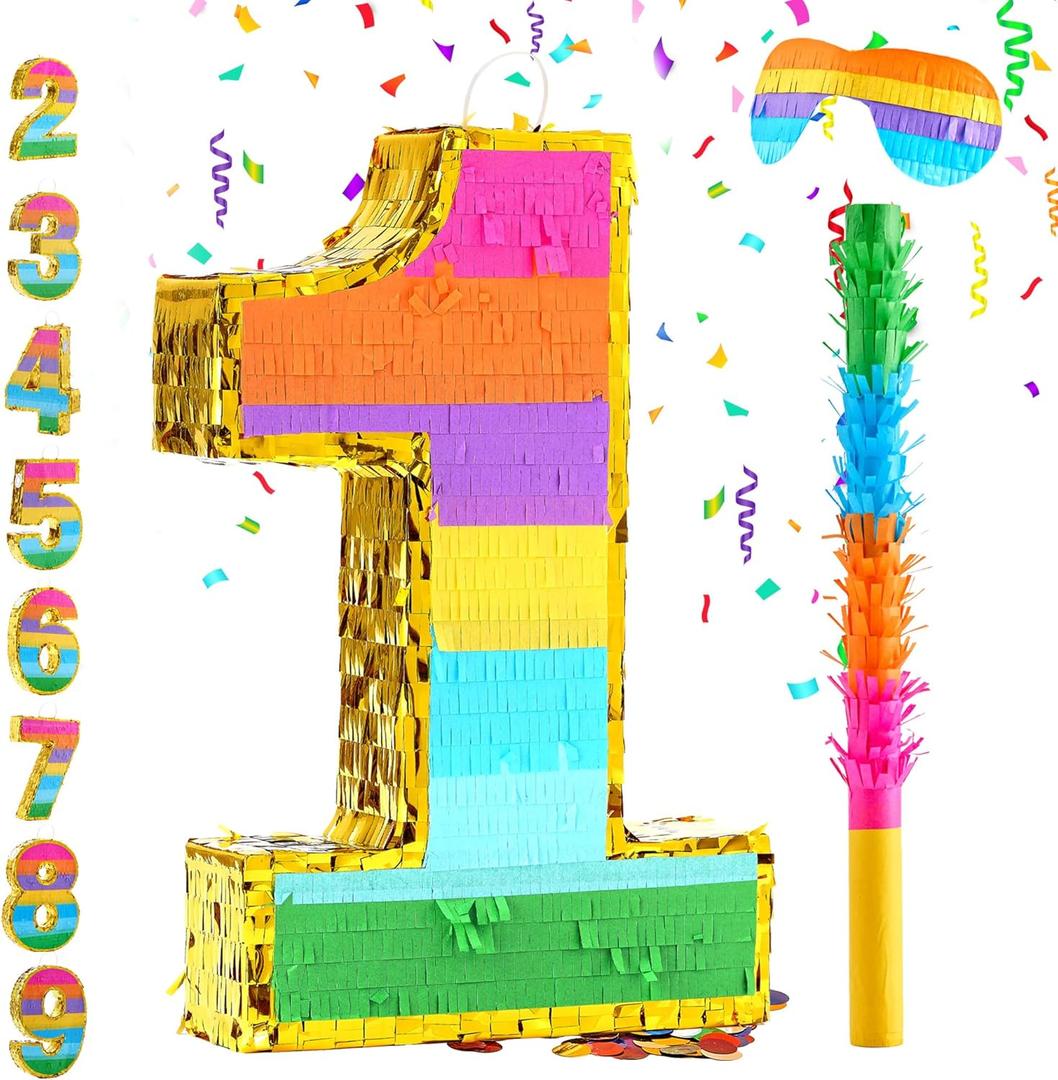 Rainbow Number 1 Pinata for 1st Birthday Party Decorations, Birthday Pinata with Stick Blindfold and Confetti, Kids Anniversary Celebration, Fiesta (Small, 16.5 x 11.5 x 3 In)
