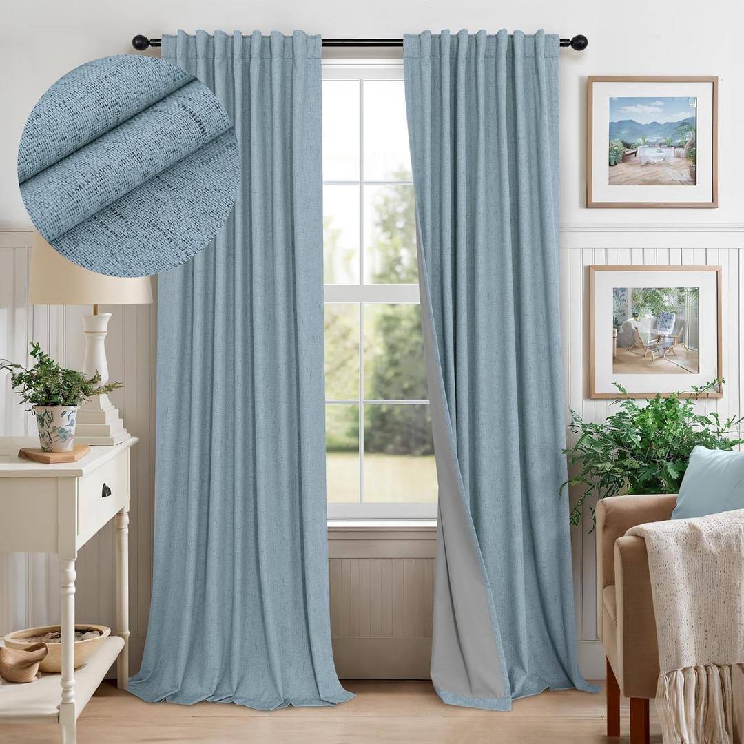 Dusty Blue Blackout Curtains for Living Room 84 Inch Length 2 Panel Farmhouse Linen Textured Thermal Darkening Blocking Light Blue Curtain Drapes for Bedroom Grayish Blue Grey 52x84 Long Back Tab