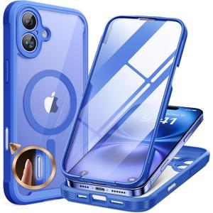 Miracase for iPhone 16 Case 6.1'', [Bubble Free] Full-Body Bumper Phone case with Built-in Full Glass Screen &Lens Protector,No Gap,Compatible with MagSafe,Drop Proof 16 Cover,Blue