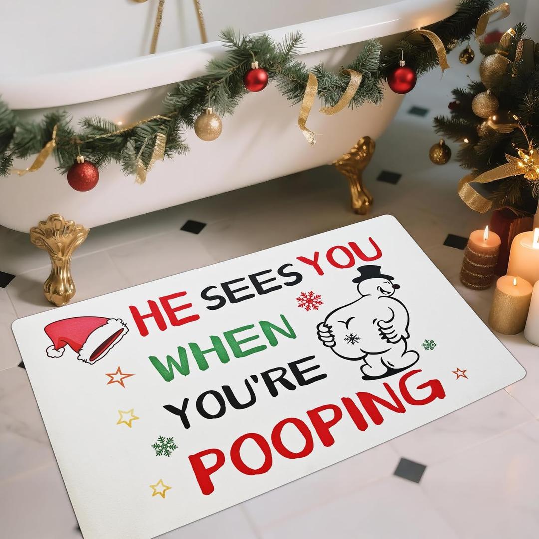 GHSJYO Christmas He See You When You are Pooping Bath Mat, 20"x 32" Funny Bathroom Mats, Snowflake Maker Non Slip Winter Holiday Decorative Bath Rugs for Bathtub and Shower Floor Decor