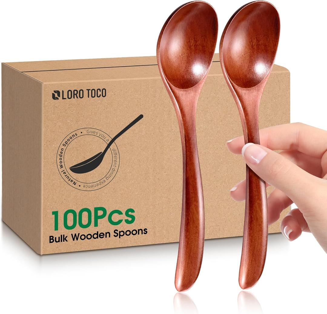 100 PCS Wooden Soup Spoons 6.7" bulk Small Wooden Spoons for Eating, Mixing, Scoop Coffee Honey Tea Japanese Style Cooking Kitchen Utensil