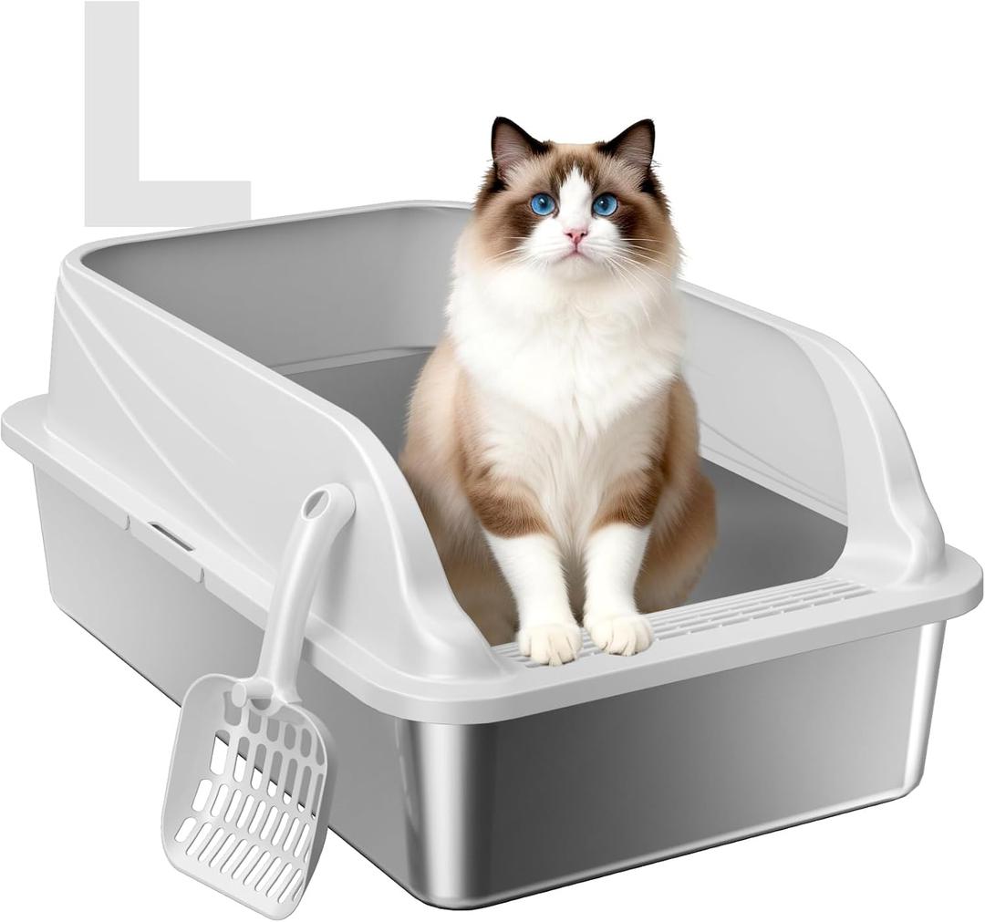 Stainless Steel XL Cat Litter Box for Cats, High-Sided Design Prevents Urine Leakage, Non-Stick, Easy to Clean, Includes Scoop, Gray L