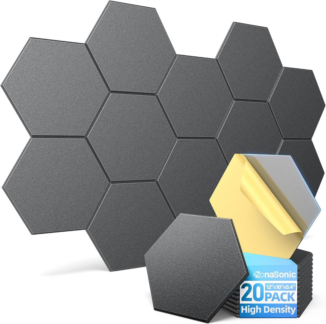 20 Pack Hexagon Acoustic Panels with Self-Adhesive, 12" X 10" X 0.4" Sound Proof Foam Panels for Walls, High Density Soundproof Wall Panels, Sound Dampening Panels for Home Studio Decor Office - Black