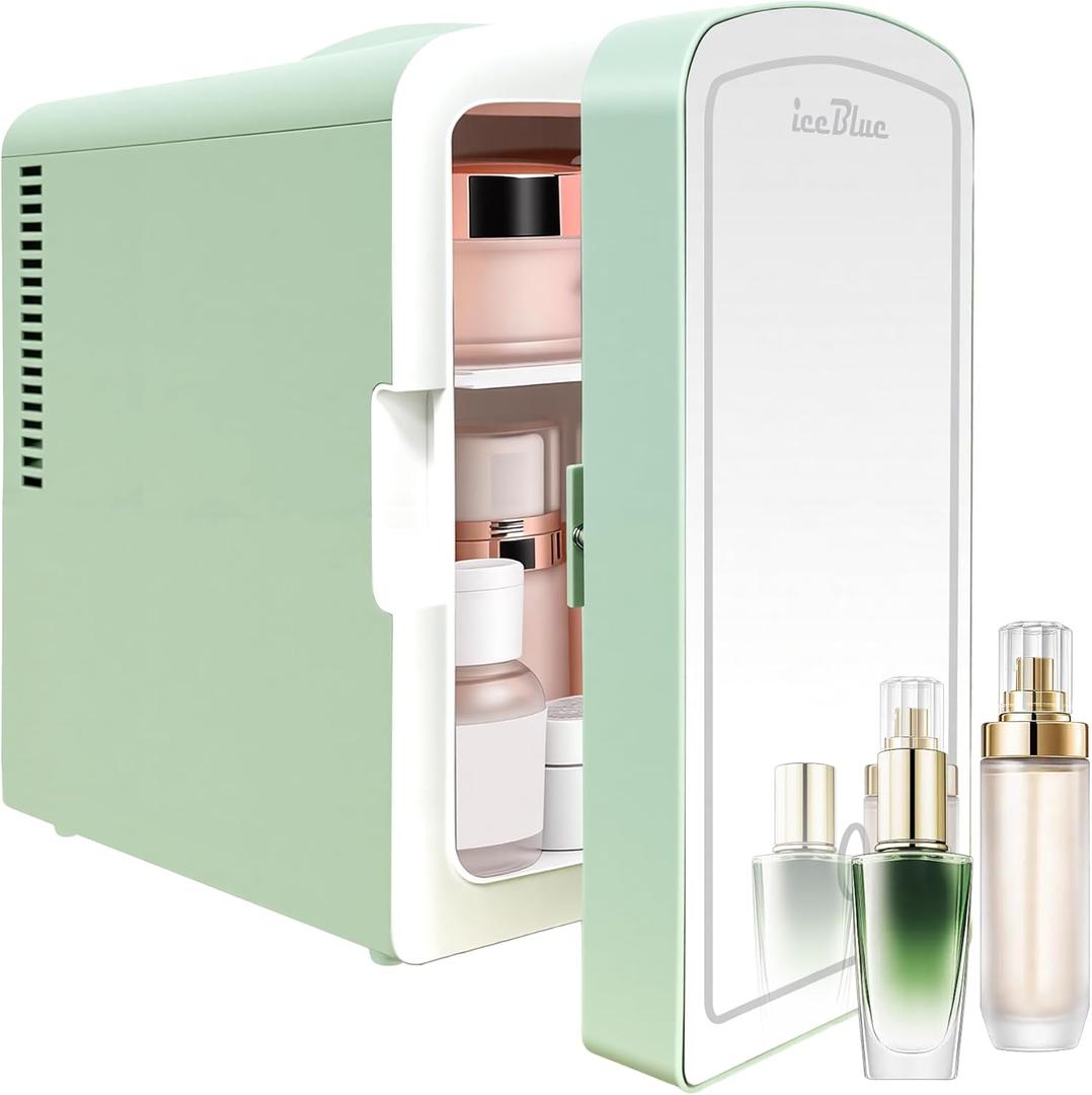 Iceblue Mini Fridge, Skincare Fridge with Dimmable LED Light Mirror, 6 Liter /9 Cans Small Refrigerator for Beauty & Beverages, Mini Fridge for Bedroom, Car, Office & Dorm, Gift - Green