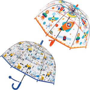 RONIARE 2 Pack Kids Clear Umbrellas for Rain Dome Bubble Umbrella Windproof for Toddler Boys Girls (Car,Rocket)