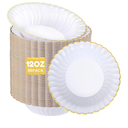 50 Pack Plastic Soup Bowls with Gold Rim, 12oz Disposable Dessert Soup Bowls with Wavy Edge for Birthday, Party, Wedding, Dinners, Catering and Everyday Use