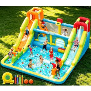 Inflatable Bounce House for Kids, Water Bounce House with Double Slides Indoor Outdoor, Bounce House Water Slide with Air Blower for Park Backyard Party Birthday (with 750W Blower), 15 ft L x 14 ft W x 7 ft H