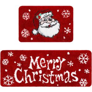 Drydiet 2 Pcs Merry Christmas Bathroom Rugs Set Soft Plush Santa Claus Bath Mat with Non-Slip Backing Washable Holiday Decorative Bath Rug Xmas Carpet for Christmas Bathroom Decor, 20 x 47 Inch