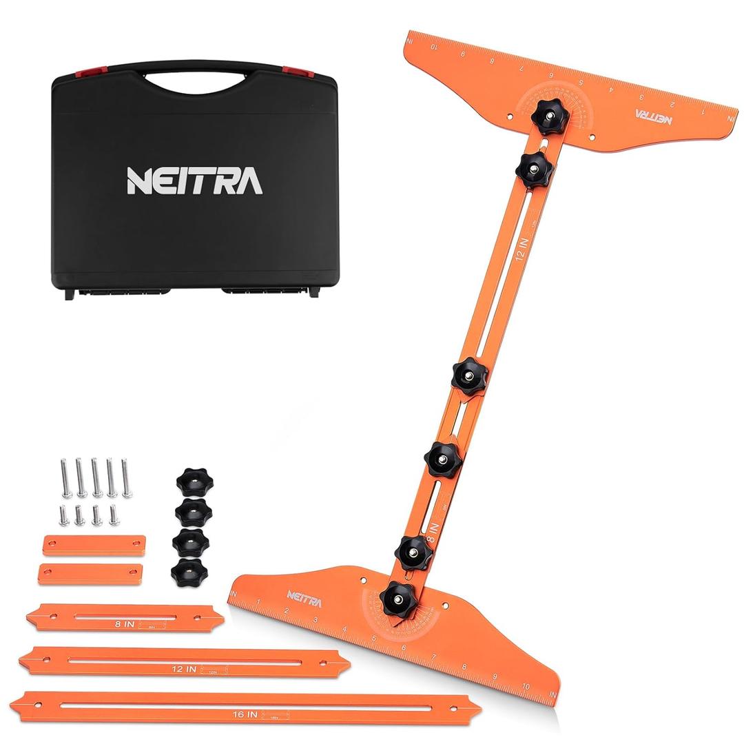 Neitra Stair Tread Template Tool  Heavy-Duty Aluminum Alloy Stair Gauge for Accurate Angle & Length Measurement, Adjustable Sliding Rods & Wooden Strips, Ideal for Stairs, Risers, and Partitions