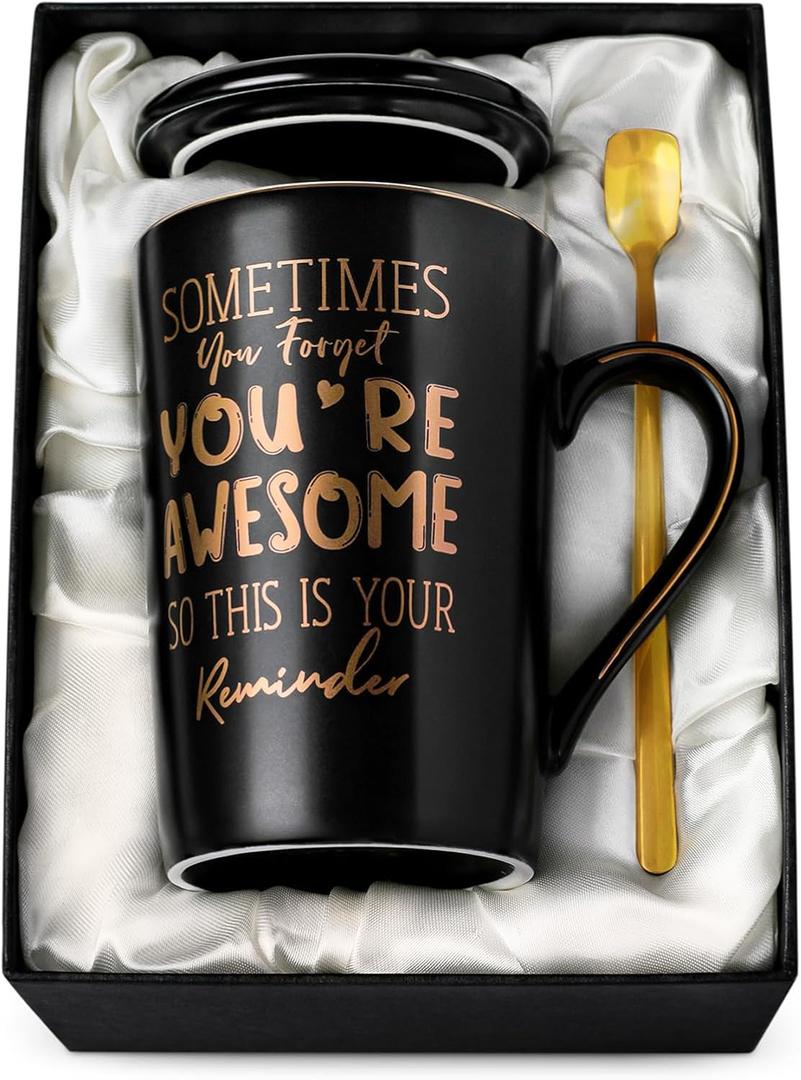 Anniversary Birthday Thank You Gifts for Men, Sometimes You Forget You're Awesome - 14oz Unique Black Ceramic Inspirational Mug with Gold Print, Funny Presents for Boyfriend Husband Him, Nicely Boxed