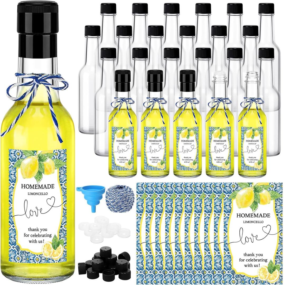 Reallnaive 30 Sets 5 oz Mini Limoncello Glass Bottles with Italian Lemon Stickers Lids and Funnel Capri Lemon Party Favors for Homemade Brewing Beverages Amalfi Coast Wedding Holiday DIY Craft