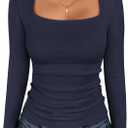 ANRABESS Long Sleeve Shirts for Women Square Neck Tops Ribbed Knit Slim Fit Basic Tee Going Out Fall Fashion Clothing (Small, Navy Blue)