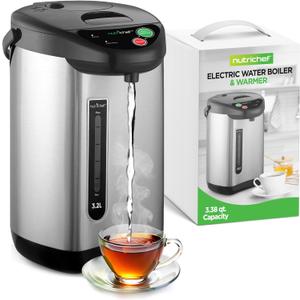 NutriChef Hot Water Urn Pot 3.38 QT, Insulated Stainless Steel Hot Water Dispenser & Boiler, Auto & Manual Dispense, Safety Lock, Electric Kettle