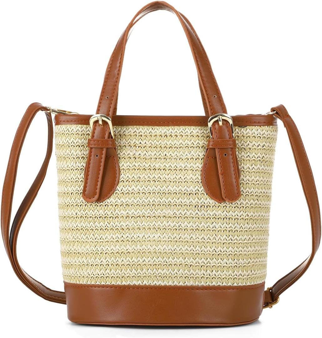 Emprier Summer Straw Crossbody Bags for Women Summer Beach Bucket Bag Trendy Woven Handbags Top-handle Shoulder Purse