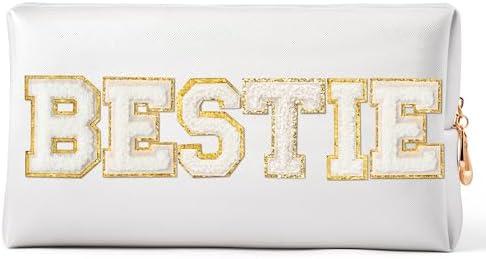 CY2SIDE White BESITE Letter Patch Makeup Bag Gifts for Girls PU Leather Patch Cosmetic Bag with BESITE Chenille Letter for Travel Waterproof Portable Zipper Big Organizer for Friendship Gift , Pack of 2