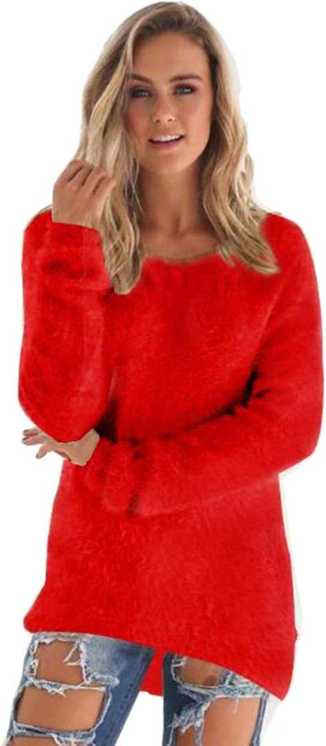 LemonGirl Women's Fashionable Long Sleeve Pullovers Loose Fluffy Fuzzy Jumper Sweater (XX-Large, Red)