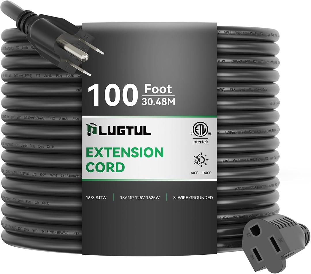 PLUGTUL Extension Cord 100FT, 16/3 Gauge Outdoor Extension Cord Waterproof, 10A 1625W SJTW, ETL Listed, Great for Garden and Home, Black