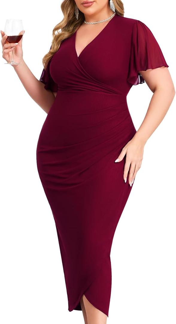 ZOMVA Plus Size Bodycon Formal Dress Sparkly V-Neck Wrap Midi Ruffle Sleeves Cocktail Prom Glitter Wedding Guest Dress (3X-Large Plus, Soft Mesh, Burgundy)
