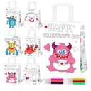 Dispowreath 30 Pcs Valentine's Day Paper Coloring Bags with Handle Color You Own Valentine Cartoon DIY Candy Bag with 30 Pcs Watercolor Pens Craft Goody Bag for Kids Party Favor Gift (Stylish Style)
