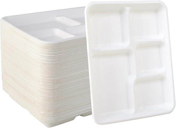Vplus 100% Compostable 5 Compartment Plates 125 Pack EcoFriendly Disposable Sugarcane 10 x 8 inch Bagasse School Lunch Tray Perfect for Boys and Girls